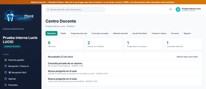 El Centro Docente del profesor, con sus alumnos, avisos y preguntas del aula