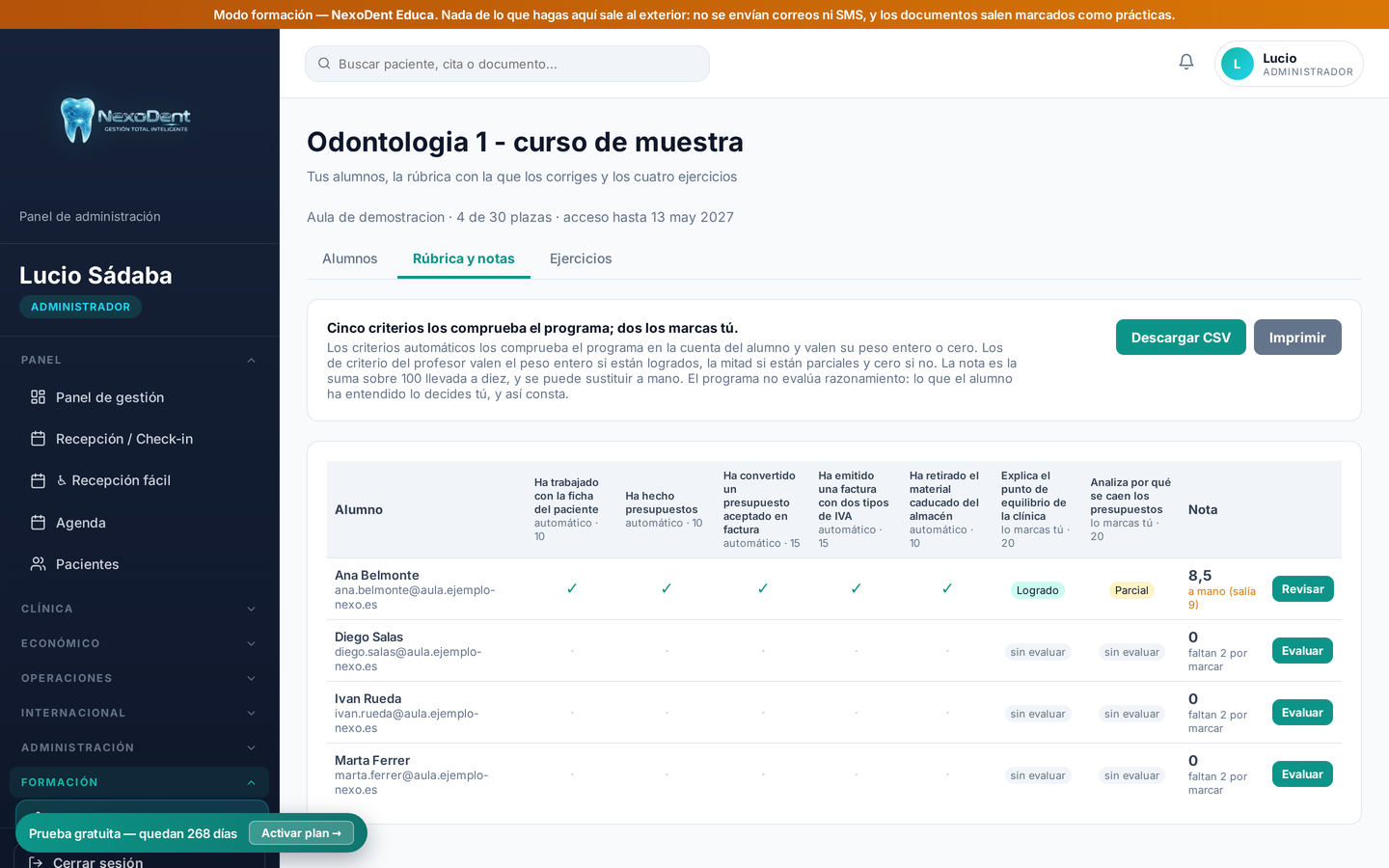 La rúbrica de la clase, con la nota de cada alumno