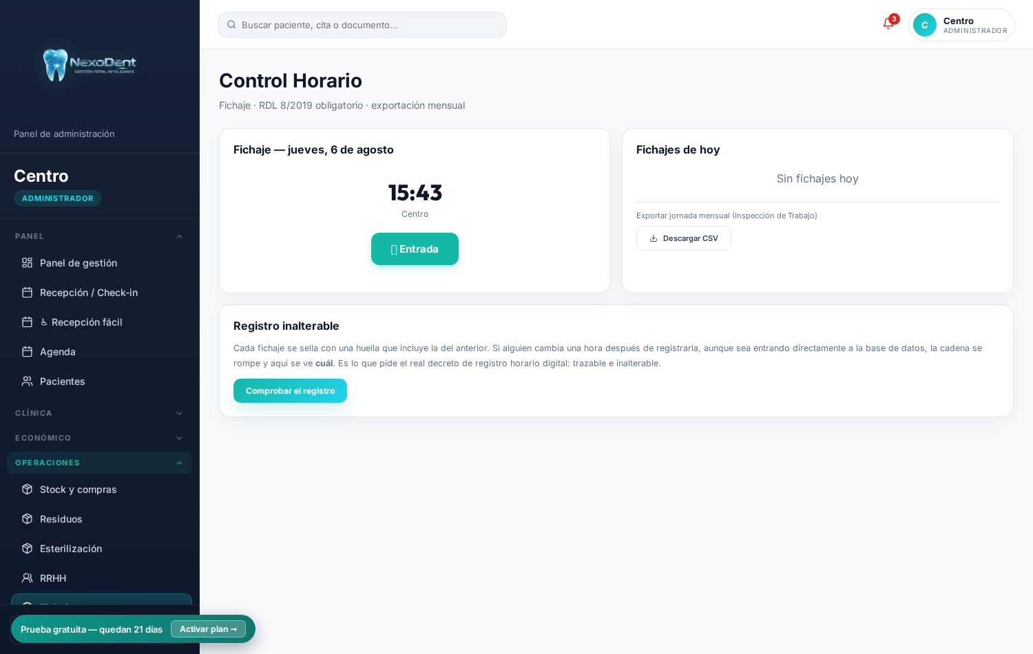 Control horario con registro inalterable