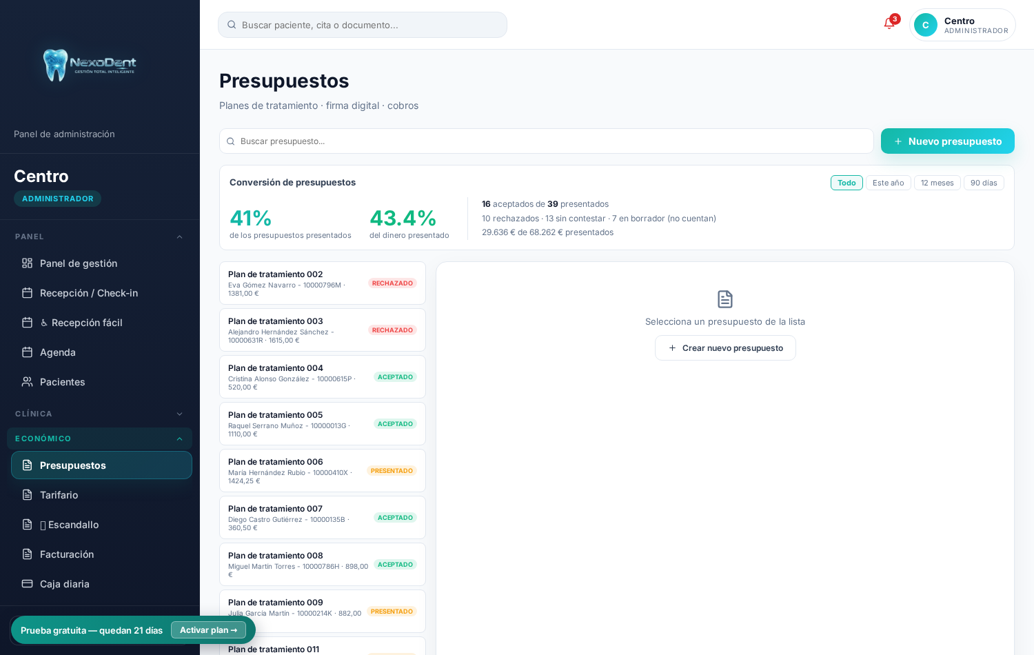 Presupuestos y conversión en NexoDent
