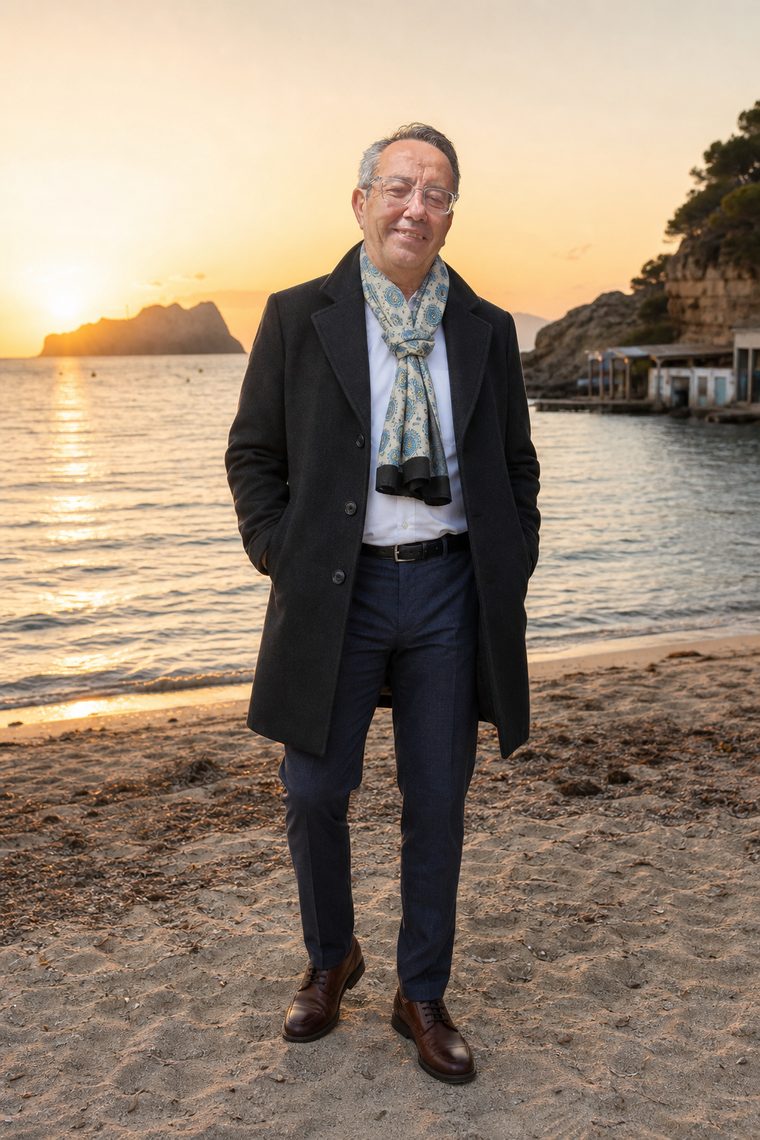 El mismo conjunto con abrigo y pañuelo, en una playa al atardecer